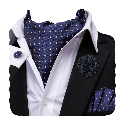 Image of Hi-Tie Silk Ascot for Men Self Tie Men's Cravat and Flower Lapel Pin Handkerchief Cufflinks Set for Wedding Party