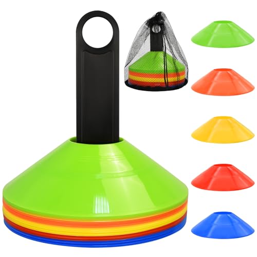 RUBY.Q Disc Cones 25pcs Soccer Cones Basketball Cones with Carry Bag and Holder Football Soccer Basketball Training Equipment 5 Color