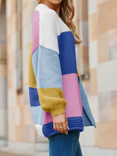 Saodimallsu Womens Color Block Oversized Cardigans Long Lantern Sleeve Open Front Chunky Knit Fall Sweater Coats4