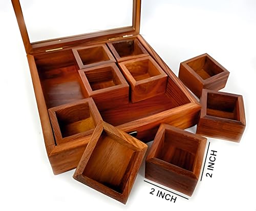 Image of WoodCity Wooden Glass Spice Box With Antique Lock Table In 9 Section Wooden Spice Rack Organizer and Masala Dabba Wooden Style Spice Storage Box