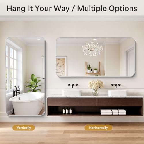 Image of DESBING 72 inchx36 inch Bathroom Mirror for Over Sink, Silver Framed Wall Mirror | High-Definition Shatterproof Vanity Mirror with Rounded Corner for Bedroom Living Room Entryway Horizontally or Vertically