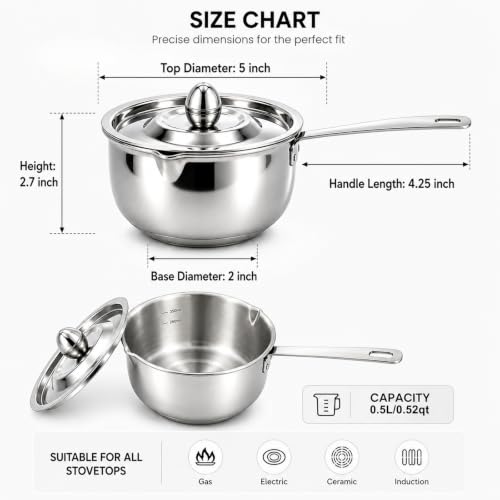 Image of DELARLO Tri-Ply Stainless Steel Small Stainless Steel Pot with Pour Spout | Mini Sauce Pan for cooking, for Butter Melting, Chocolate, Milk, Induction Compatible, Small Pot with Lid