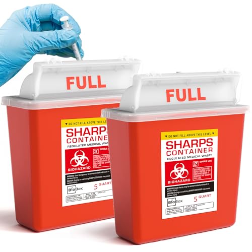 Sharps Container Small - Sharps Containers for Home Use and Labs - Portable Needle Disposal and Travel Size Biohazard Bin - (5 Quart 2 Count)
