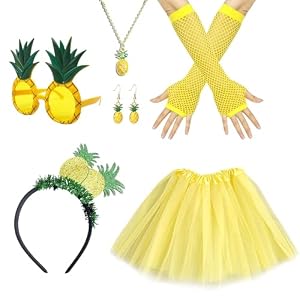 UILYNIU 8 Piezas Accesorios Disfraz de Piña, Tiara Piña, Gafas de Sol Piña, Pendientes Piña, Collar Piña, Guantes Amarillos, Falda Amarilla, Disfraz de Hawaiana Mujer para Fiesta Carnaval (8 Piezas)