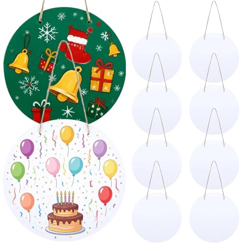 10 Pcs Sublimation Door Hanger Blanks, 12 Inch Round Sublimation Wood Blanks, Including Hanging Ropes, Ideal for DIY Crafts and Home Decor