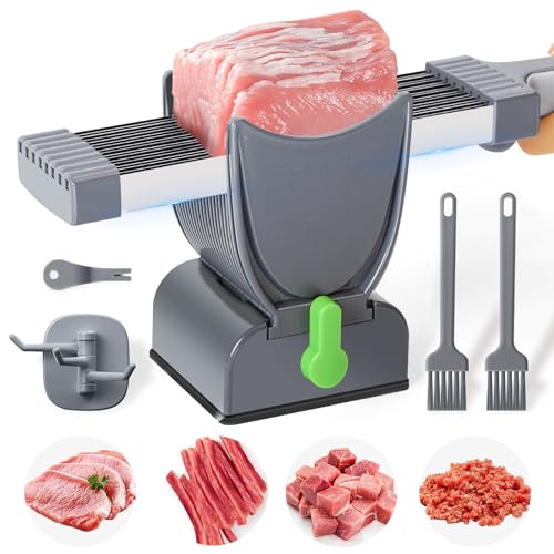 Fresh Meat Slicer - Thickness Adjustable 2 or 4 mm 17 IN 1 Stainless Steel Manual Meat Slicer Set for Fresh Meat Slicing Shredding Food Cutter for Beef Pork Mutton Home Cooking BBQ Hot Pot