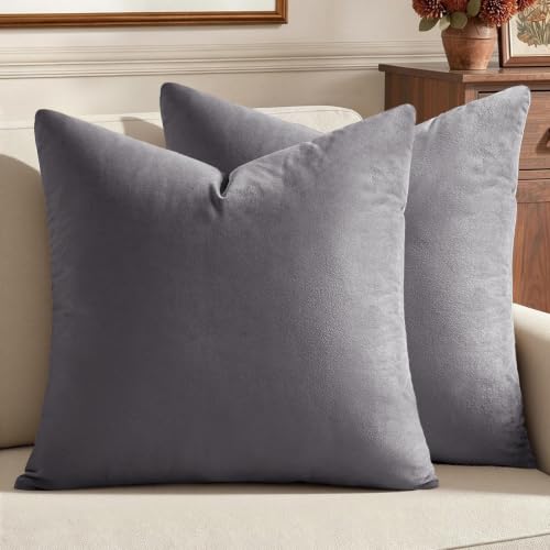 Image of MIULEE Pack of 2 Velvet Pillow Covers Decorative Square Pillowcase Soft Solid Cushion Case for Sofa Bedroom Car 20 x 20 Inch Dark Grey