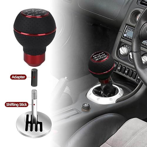 Image of AutoBizarre 5 Speed Aluminum Base Metal Ring Leather Covered Gear Knob Gear Shifter Handle Knob for All Manual Transmission Cars (Silver Ring Red Leather)
