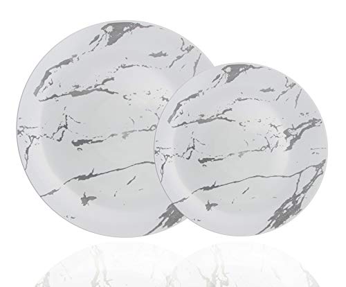 Trendables 60 Pack Disposable Dinnerware Combo - Marble Design Plastic Plates Set Includes: 30 10.25 in. Large Dinner Plates & 30 8 Salad/Dessert Plates - Premium Marble Like for Parties Weddings