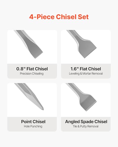 Image of VEVOR SDS Plus Chisel Set, 4 pcs SDS Plus Rotary Hammer Drill Attachments, Includes Point, Flat, & Angled Spade Chisels, Heat Treated 40Cr Alloy Steel, Sharp Edge for Demolition, Concrete and Brick