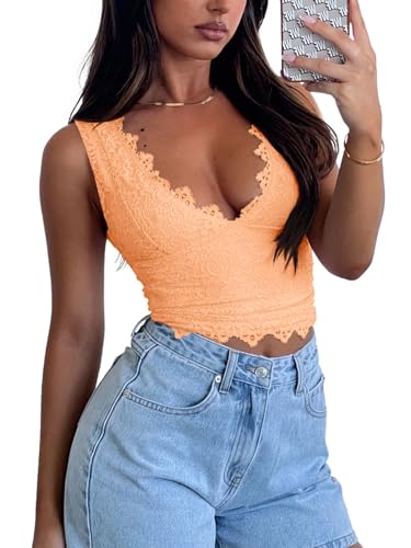 REORIA Womens Summer Tops Sexy V-Neck Sleeveless Double Lined Fashion Going Out Y2K Tank Tops Trendy Lace Slimming Crop Tops for Teen Girls Peach Fuzz Medium - Image 4
