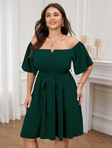 Image of SCOMCHIC Womens Plus Size Cocktail Dress Summer Off Shoulder Short Sleeve Flowy Ruffle A-Line Cute Mini Dress with Belt