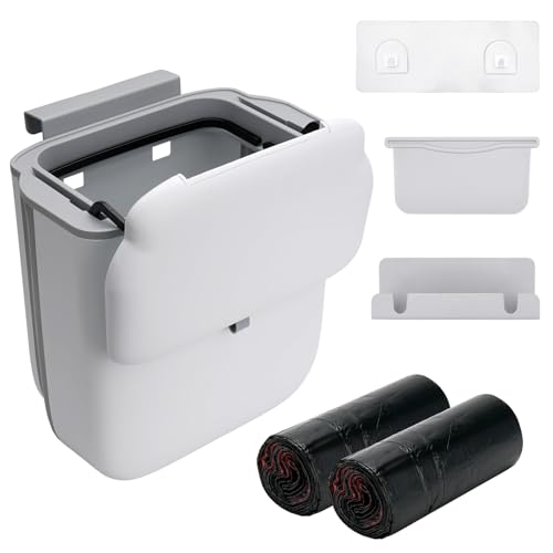 Decorniqu Hanging Kitchen Bin with Lid with Bin Bags 40 Pcs, 10L Foldable Food Waste caddy, Plastic Rubbish Compost Bins for Under Sink, Counter top, Cupboard Door, Kitchen, Camping, Cabinet, Car, Be
