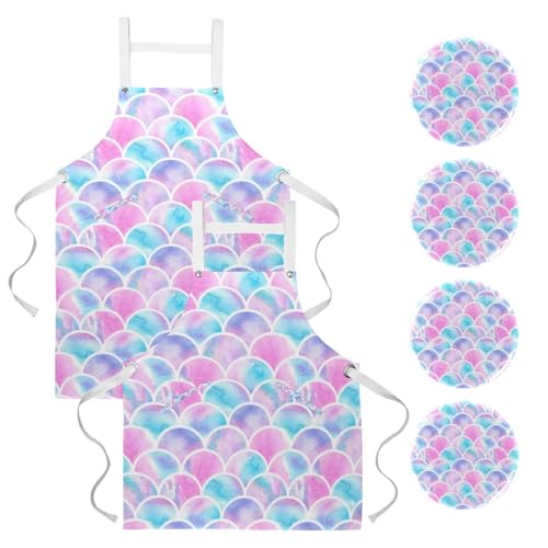 Tablier de cuisine (lot de 2) avec motif écailles de sirène rose et bleu pour restaurant