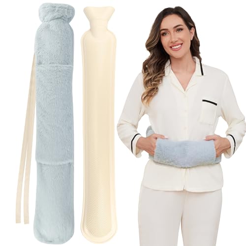 Wärmflasche Lang, 2L Lange Schlauch Wärmflasche mit Flauschig Bezug Kängurutaschen und Gurt, 72cm Extra Länglich Warm Bettflasche Groß zum...