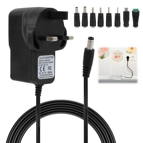 9V 1A Universal Power Adapter Supply with 8 Interchangeable Tips Guitar Pedal Power Supply Universal Charger with Multiple Heads AC/DC Charger for Electric Cars Routers Keyboards Audio Devices