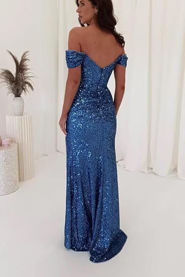 Off The Shoulder Mermaid Prom Dresses for Women 2025 Long Ball Gown with Slit Sparkly Sequin Evening Party Dress3