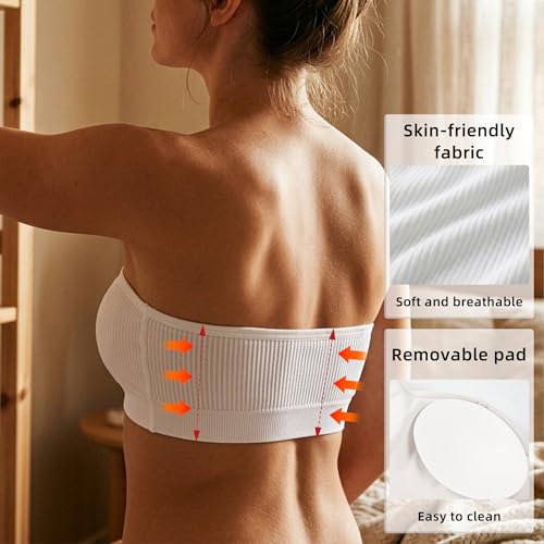Image of Zimcti Strapless Bras for Women-Non Slip Silicone Grip Bandeau, Wirefree Seamless Tube Top, Removable Pads, Clear Strap