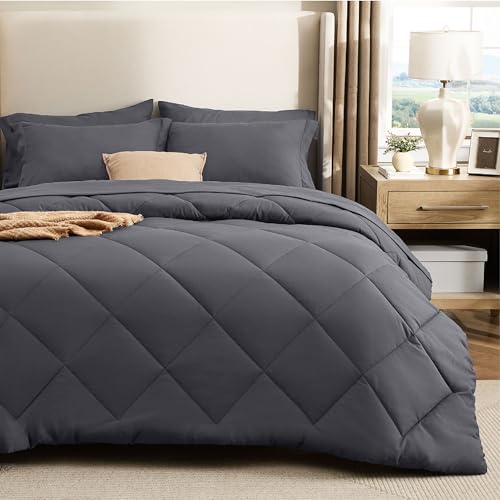 Image of Bedsure 7 Pieces Full Comforter Set Premium Series, Hotel Luxury Soft Bed in a Bag, Goose Down Alternative, Safe for Sensitive Skin Bedding Comforter All Season Medium Warmth, Dark Grey Full Size