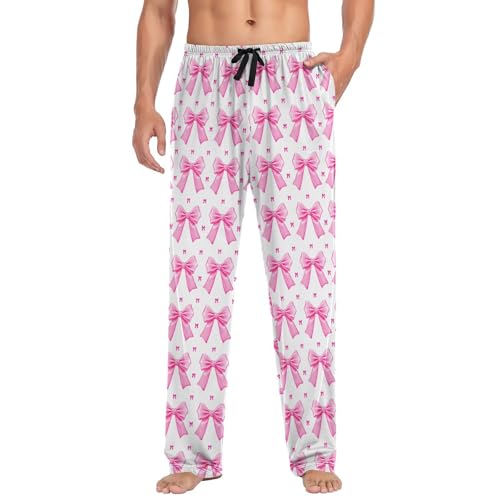 Men’s Pink Bows Pajama Pants with Pockets, Comfortable Lounge Sleep Bottoms#2113