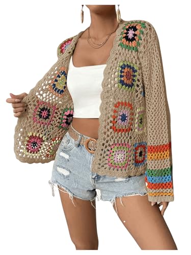 Image of SHENHE Women's Floral Crochet Cardigan Hollow Out Open Front Long Sleeve Cardigan Sweater