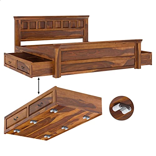Image of Torque Allen Solid Wood King Size Bed with Storage Drawer - Brown | Wooden Palang Diwan Cot for Living Room Furniture | Double Bed for Sleeping