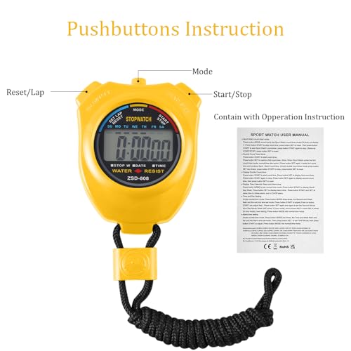 Vicloon Sport Stopwatch Timer, Professional Digital Sport Timer with Stainless Steel Whistle, Large LCD Display Suitable for Football, Basketball, Running, Swimming, Fitness and More (Yellow) - Image 4