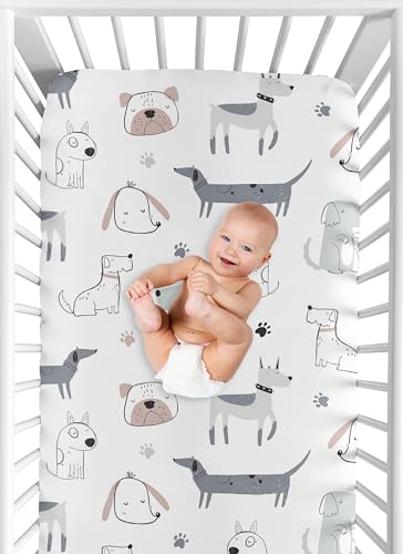 Sweet Jojo Designs CRIBSHEET-DOG-WH-TP Boy Baby Fitted Crib Sheet Infant Newborn Nursery Toddler Bed Room Standard Mattress Neutral Grey Taupe Blue Modern Puppy Pet Watercolor Puppies Bulldog Wiener Doggy Paw Print thumb #3