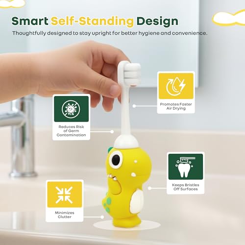 Image of R for Rabbit Tiny Smiles Dino Kids Toothbrush with Tongue Cleaner for Toddlers & Babies 2+ Years | Extra Ultra Soft PBT Bristles, Gentle on Gums | Cute 3D Dinosaur Easy Grip Handle | BPA Free (Yellow)