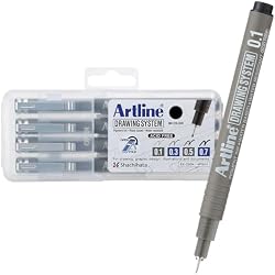 Artline 230 Drawing System Pens, Technical Drawing Pens For Drafting, Illustrating, and More, 0.1mm, 0.3mm, 0.5mm, and 0.7mm Fine Tips - Black, 4-Pack