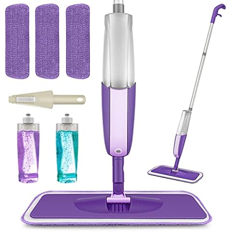 MEXERRIS Microfibre Spray Mop for Floor Cleaning - Wet Dry Kitchen Floor Cleaning Mop with 2 Refillable Bottle 360°Rotatable Hardwood Mop for Laminate Wood Tiles 3 Reusable Pads and 1 Scrubber Cover