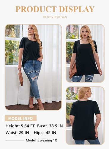 Eytino Plus Size Tops for Women Square Neck Puff Sleeve Summer Casual Loose Blouse Shirts(1X-5X)3