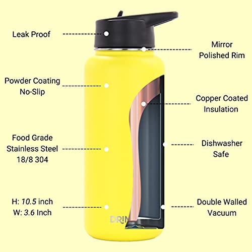 Image of Drinco Stainless Steel Water Bottle Spout Lid Vacuum Insulated Double Wall Water Bottle Wide Mouth Leak Proof Keep Cold Sport Camping Hiking (32oz Yellow)