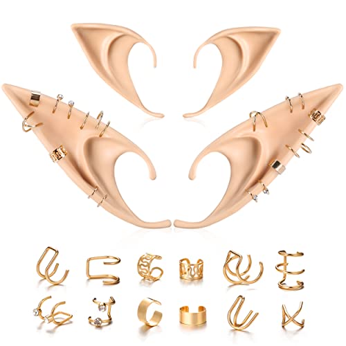 FRESHME Elf Ears with Elf Earrings Set - 2 Pairs Elf Ears and Gold Chain Earrings Ear Cuffs Set for Women Fairy Ear Cosplay Accessory for Christmas Renaissance Halloween Costume Masquerade Party