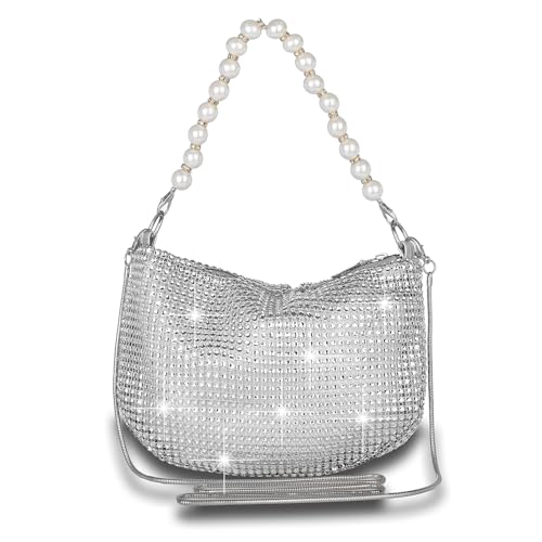 Sither Rhinestone Purse for Women Evening Bag Sparkly Clutch Handbag with Pearls Chain for Party (silver)