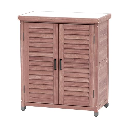 Outdoor Storage Cabinet & Potting Bench Table with Metal Top, Wooden Patio Furniture, Garden Workstation (Dark Brown, 36x31x17in)
