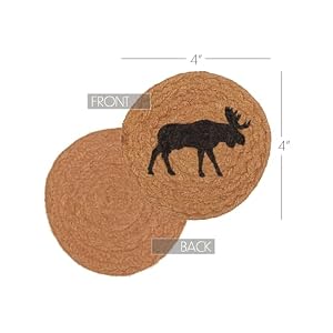 VHC Brands Cumberland Moose Print Textured Jute Rustic Tabletop Kitchen Stenciled Round Bedding Accessory, Coaster Set, Natural Tan VHC Brands Cumberland Moose Print Textured Jute Rustic Tabletop Kitchen Stenciled Round Bedding Accessory Coaster Set Natural Tan