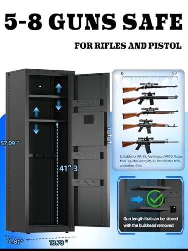 Image of 5-8 Gun Safe for Rifles and Pistols, Gun Cabinets for Rifles and Shotguns with Digital Keypad & LED Light, Rifle Safe for Home with Removable Shelves and Alarm System, Easy Assembly Gun Locker