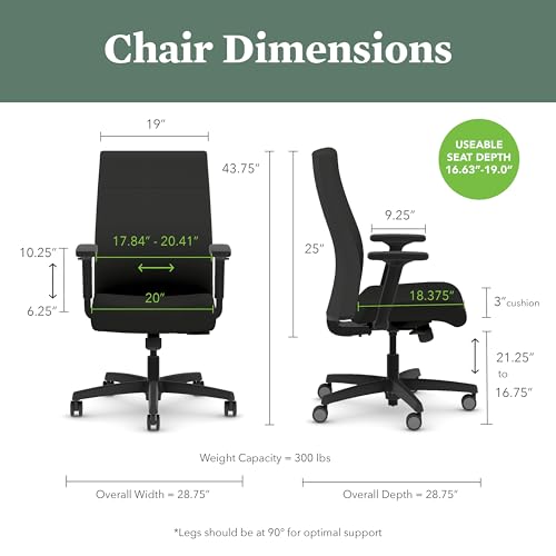 Image of HON Ignition 2.0 Ergonomic Office Chair with Adjustable Arms, Standard Synchro‑Tilt Recline, Upholstered Desk and Computer Chair for Home Office or Workstation, Black Frame, Fog