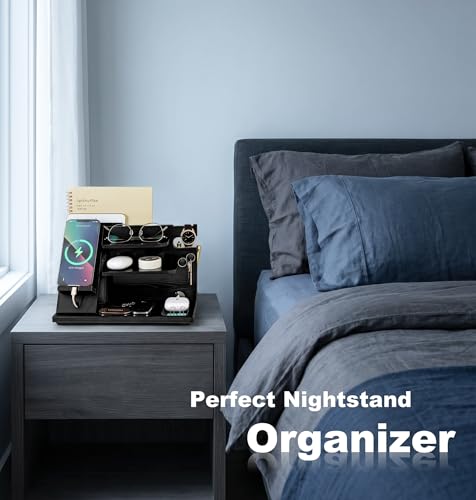 KOCWELL Wood Phone Docking Station, Gifts for Men, Nightstand Organizer Wood for Phone Tablet Earphones Watch Wallet Rings Pens Keys Notebook etc, Birthday Gifts for Men Husband Dad Boyfriend(Black) - image 2