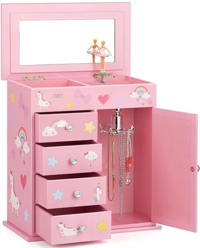 Redcoutt Caja de Joyas para Niñas - Caja de Música Infantil de Princesa y Sirena con Cajones, Regalos de Cuento de Hadas para Cumpleaños de Niñas, Cajas de Joyas de para Edades de 3 a 12 Años (Rosa)
