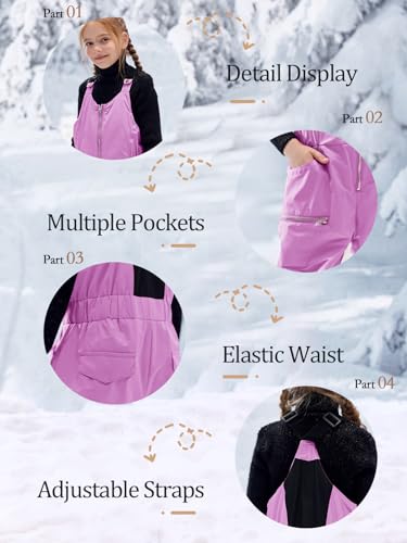 Image of Haloumoning Kids Snow Bibs Girls Ski Pants Waterproof Insulated Snowboard Overalls Snowsuit 5-14 Years