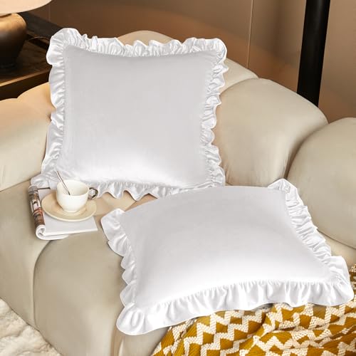 KKJIAF Juego de 2 fundas de almohada de terciopelo blanco de 20 x 20 pulgadas, fundas de almohada cuadradas de terciopelo con volantes para sofá, dormitorio, sofá decorativo