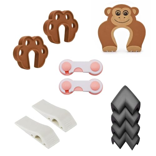 Image of Safe-O-Kid Budget Baby Safety Combo Kit | 2 Paw-Shaped Door Stoppers, 1 Monkey-Shaped Door Stoppers, 2 Smiley-End Safety Locks, 2 TPR Door Stoppers & 4 Corner Protectors | Baby Proofing Essentials for Home - Assorted