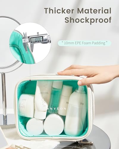 ROWNYEON 3-Piece Premium Cosmetic Organizer Set - Clear PVC & Faux Leather Storage Bags with Jewel-Tone Blue Lining, Waterproof Travel Toiletry Cases for Home/Carry-On (Jumbo/Medium/Mini)3