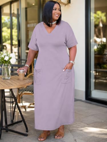 Image of Plus Size Maxi Dress for Women Short Sleeve V Neck Casual Loose Sundress with Pockets
