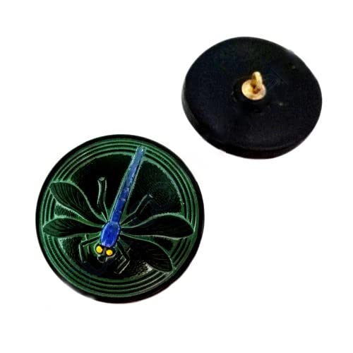 1 pcs Hand Made and Painted Czech Glass Button 31,5 mm, with Dragonfly Black Green