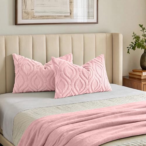 Image of decorUhome Fall Throw Pillow Covers 12x20 Inch Set of 2, Soft Plush Faux Wool Pink Solid Couch Pillow Covers, Accent Farmhouse Neutral Rectangle Pillow Cases for Sofa Bed Living Room