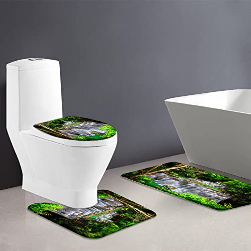 Forest Waterfall Shower Curtain Nature Rainforest Jungle Landscape Spring Green Tree Rock Tropical Seasonal Summer Rainforest Scenery Fabric Bathroom Decor Curtain With Hook #TOP5