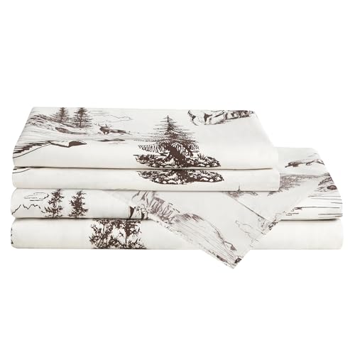 Image of Paseo Road White Pine Rustic Bedding 4 Piece Queen Sheet Set, Brown White Bear Deer Pine Tree Woodland Print Cotton Lodge Cabin Bedding, 1 Flat Sheet, 1 Fitted Sheet, 2 Pillowcases